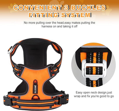 No Pull Dog Harness with 3 Snap Buckles,No Choke Front Lead pet Harness Reflective and Adjustable Soft Padded Vest for Small Medium Large Dog (Orange, Medium)