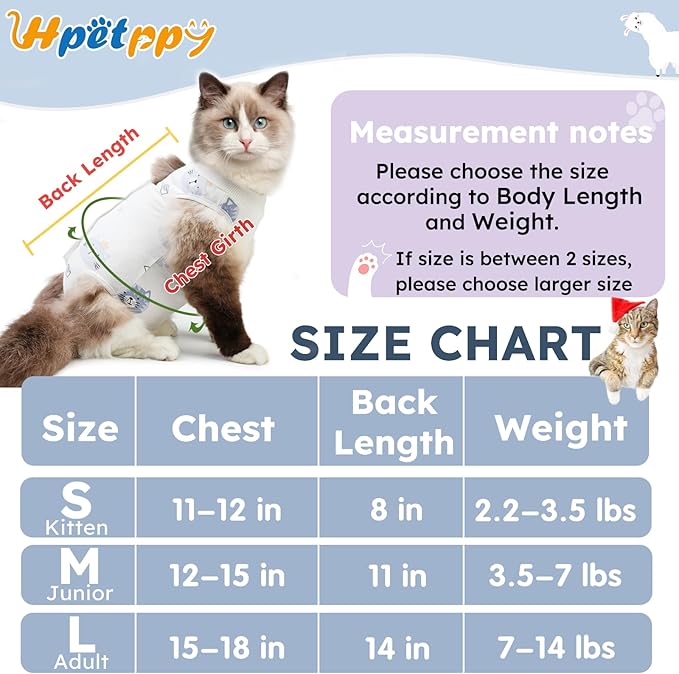 Hpetppy Cat Recovery Suit for Spay Abdominal Wounds, Breathable Cat Onesie for Cats After Surgery Female, Kitten Surgical Recovery Suit Female Cone of Shame Alternative for Cats Anti Licking