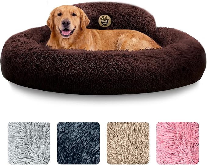 PetJett Calming Dog Beds Large Sized Dog - 36'' Round Bed, Anti-Slip & Washable Super Soft Donut Bed, Fluffy Faux Fur Anti-Anxiety Premium Comfort Pet Bed, Fits Dogs up to 80 lbs - Brown
