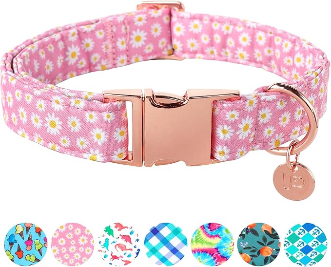 UP URARA PUP Daisy Summer Cotton Dog Collar with Metal Buckle Gift Pink Collar for Small Medium Large Girls or Boys Dogs Cute Durable Comfortable Pet Collars