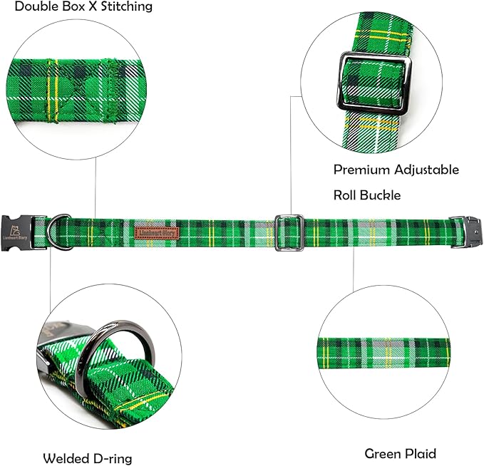 Lionheart Glory St. Patrick's Day Collar - Green Plaid Pink for Large Dogs - Adjustable Heavy-Duty Pet Gift