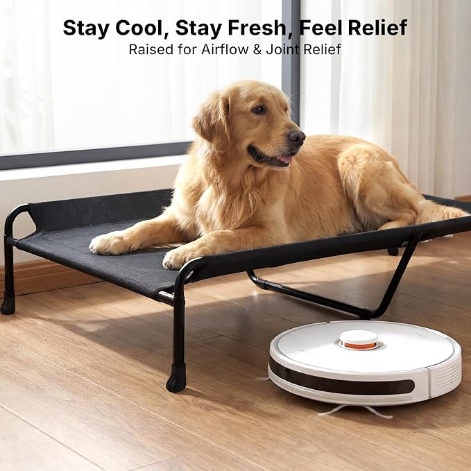 Veehoo Outdoor Elevated Dog Bed, 53" XXL Raised Dog Bed with Headrest Sides, Washable Cooling Dog Cot with Non-Skid Feet, Breathable Mesh, Portable Pet Hammock for Indoor or Camping, Black