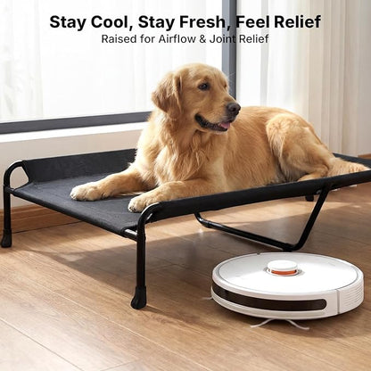 Veehoo Outdoor Elevated Dog Bed, 53" XXL Raised Dog Bed with Headrest Sides, Washable Cooling Dog Cot with Non-Skid Feet, Breathable Mesh, Portable Pet Hammock for Indoor or Camping, Black