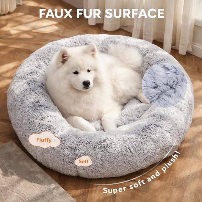 Dog & Cat Bed for Indoor Cats, 30in Calming Donut Pillow mat for Puppy and Kitten, Washable Cooling Round Fluffy Pet Nest for Small Medium Dogs and Cats, Light Grey