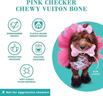 Haute Diggity Dog Pink Checker Chewy Vuiton Bone, Plush Designer Dog Toys with Interactive Squeaker, Stimulating Pet Enrichment, Machine-Washable & Safe Materials for All Breeds, Size Large
