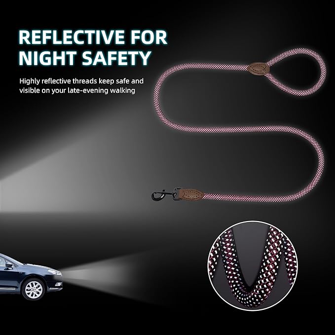 Mile High Life Rope Leash with Genuine Leather Connection, 6 FT/5 FT/4 FT, Heavy Duty Leash for Small Medium & Large Dogs (Hot Pink,48 Inch)