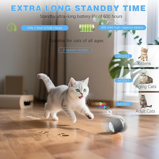 Interactive Cat Toy for Indoor (Sounds&Touch Control) Smart Cat Toys-Automatic Moving Cat Ball Toy-Fast Slow 2Speed with Feathers Tail&Lights for Kittens,Older Cats,Bored Cats,Ferret,USB Rechargeable