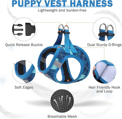 SCENEREAL Small Dog Harness and Leash Collar Set, Step in No Pull Soft Mesh Dog Harnesses for Small Medium Sized Dogs Puppy and Cats Outdoor Walking, No Chock Reflective Vest Harness, Blue Plaid XS