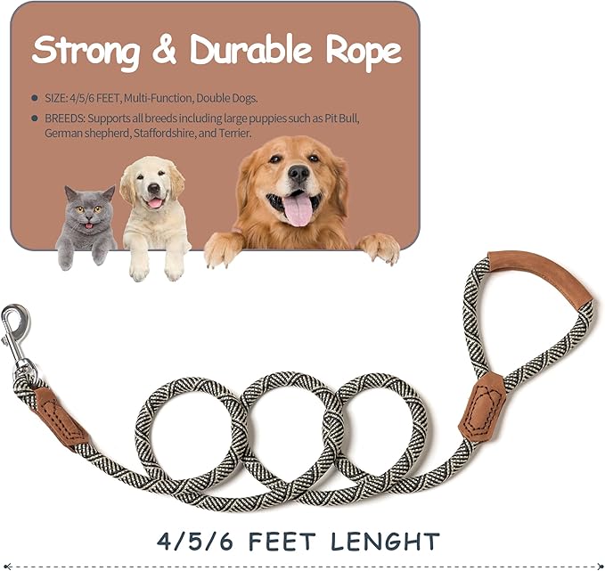 Mile High Life | Premium Leather Handle Dog Leash | Strong Rope Leash | Zinc Alloy Strong Clasp | Small Medium Large Dogs | 4/5/6 Feet(White, 72 Inch (Pack of 1))