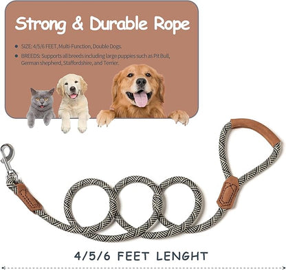 Mile High Life | Premium Leather Handle Dog Leash | Strong Rope Leash | Zinc Alloy Strong Clasp | Small Medium Large Dogs | 4/5/6 Feet(White, 72 Inch (Pack of 1))
