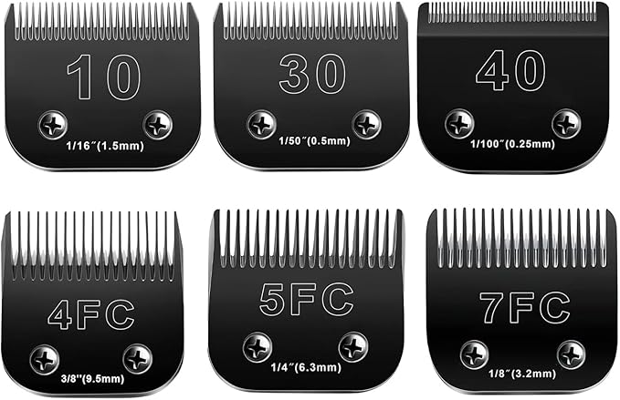 Audoc 10 Blades Dog Grooming Blades Compatible with Andis/Oster A5/Wahl KM-10 Series Dog Clippers,Detachable Clipper Replacement Blade (6PCS Black-#10+30+40+4FC+5FC+7FC)
