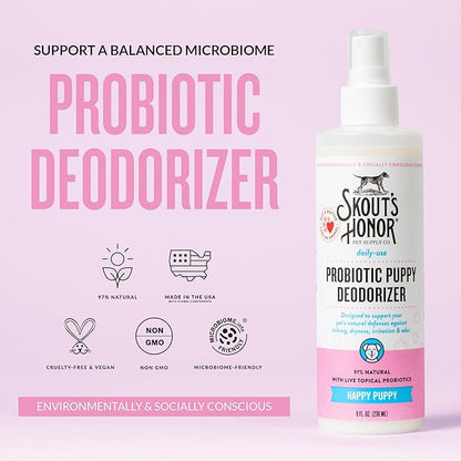 SKOUT'S HONOR Pet Deodorizer Spray- Hydrating Daily-Use with Avocado Oil & Omega-3s, Microbiome Friendly Certiified, Paraben & Sulfate-Free, 97% Natural, 8oz, Happy Puppy, 2-Pack