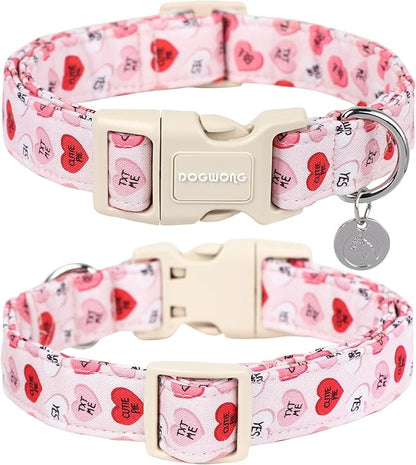 DOGWONG Valentine's Dog Collar, Adjustable Durable Pink Heart, Soft Cotton, Easy Clean, Perfect Fit for Small Medium Dogs
