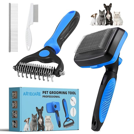 4 in 1 Skin Friendly Grooming kit including Dematting Rakes,Self Cleaning Slicker Brush,Deshedding Brush,Flea Comb for Haired cat Dog and Small Animals.