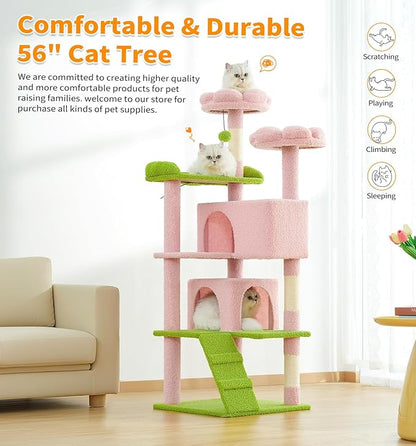 Made4Pets Cat Tree Tower 56" Cat Tower for Indoor Cats Kitten Tree Multi-Level Cat Tree with 2 Condo Furniture Activity Center with Scratching Posts Funny Toys (Pink Flower Green)
