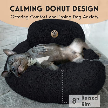 PetJett Calming Dog Bed for Small Dogs – 23" Donut Dog Beds, Anti-Slip & Washable Fluffy Plush Faux Fur Pet Bed, Anti-Anxiety Premium Comfort Round Puppy Bed, Fits Dogs up to 25 lbs – Black