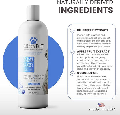 Lillian Ruff PRO Formula Berry Blue Brilliance Bundle - Ultimate Tear Stain & Odor Eliminator Set, Includes Berry Blue Shampoo, Conditioner & Waterless Shampoo, Hydrate, Soften & Detangle, USA Made
