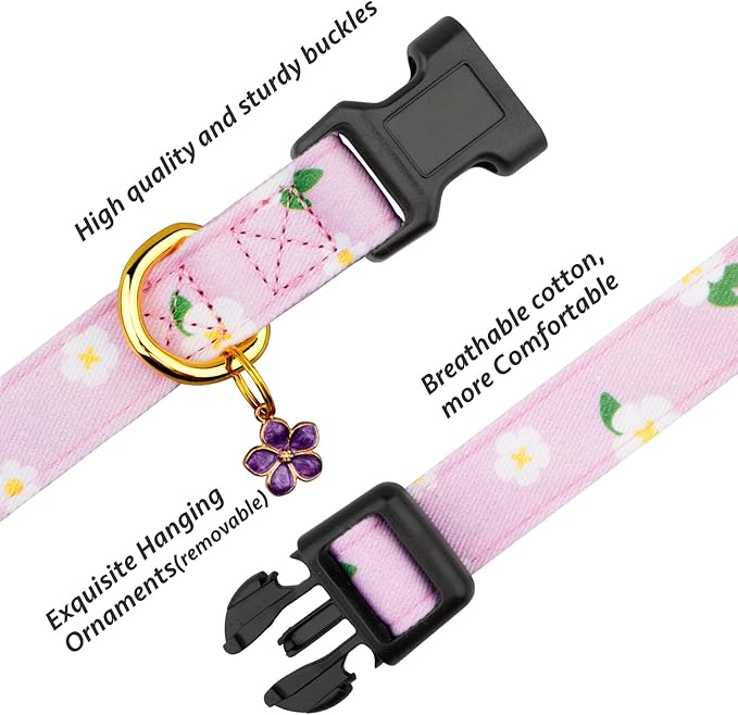 Cotton Handmade Dog Collar Cute and Distinctive Patterns Purple Flower with Pendant for Girl Boy Dogs Collars M