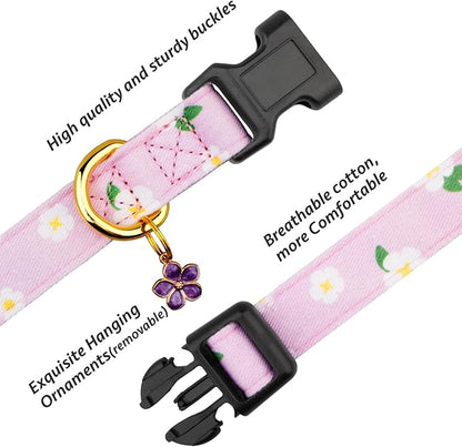 Cotton Handmade Dog Collar Cute and Distinctive Patterns Purple Flower with Pendant for Girl Boy Dogs Collars M