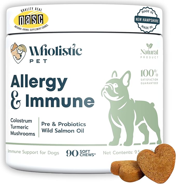 Wholistic Pet Allergy & Immune - Dog Allergy Chews with Mushrooms, Colostrum, Turmeric & Salmon Oil - Immune Support & Itch Relief for Dogs - Pre & Probiotics for Gut Health - Bacon Flavor - 90 Chews