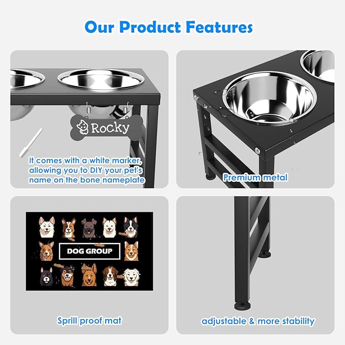 ADENGL Elevated Dog Bowls, 10" Tall Height, Raised Bowl Stand with 2 Stainless Steel Food Feeder Bowls (58oz) and Spill-Proof Mat for Medium Large and Small Breeds