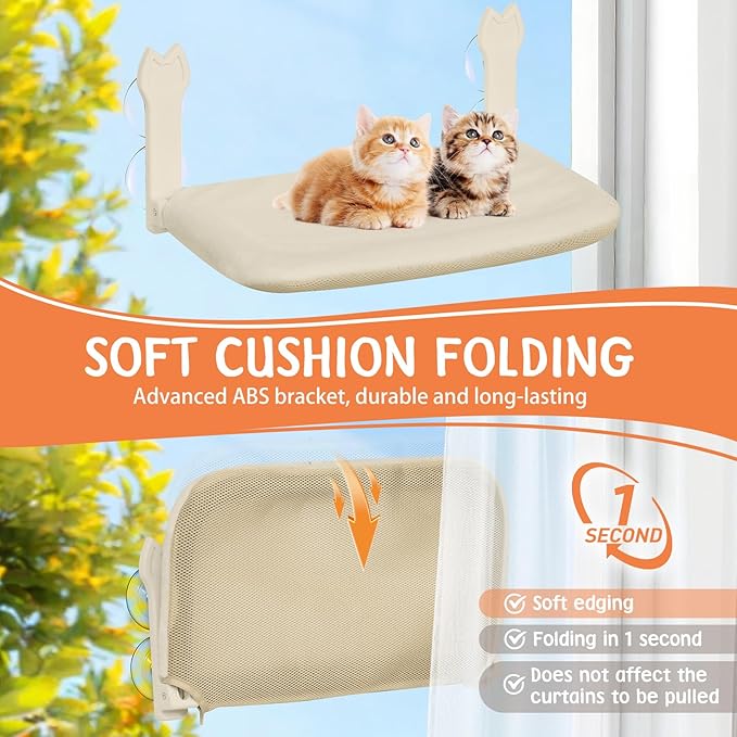 2 Pack Cat Window Perch,Cat Window Hammock Cordless Foldable Window Bed with 4 Large Strong Suction Cup,Reversible Cushion Cover,Metal Frame Easy to Adjust Window Seat Holds up to 40lbs(Beige，M