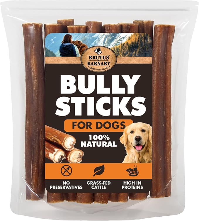 BRUTUS & BARNABY Bully Sticks for Dogs, 6" – Low-to-No Odor, Grass-Fed, Rawhide-Free Chews for Aggressive Power Chewers