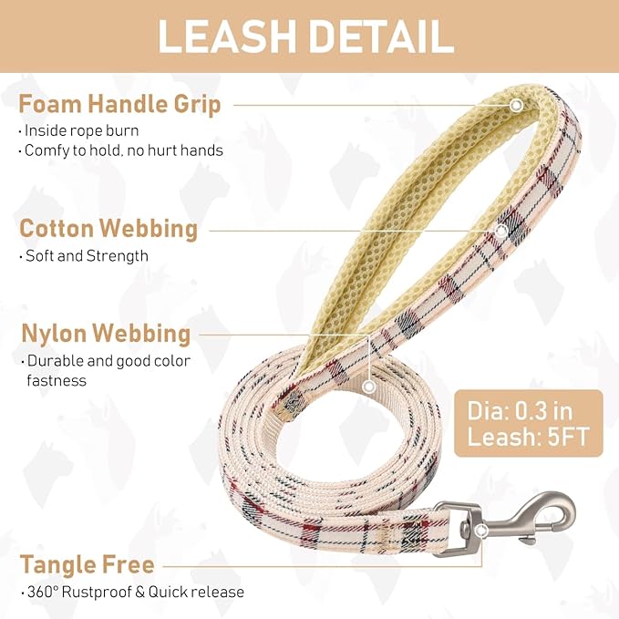 GAMUDA Small Dog Harness Collar and Leash Set, Step in No Chock No Pull Soft Mesh Adjustable Dog Vest Harnesses Plaid Reflective for Dogs Puppy Cats Kitten Rabbit (Beige Red, XXXS)