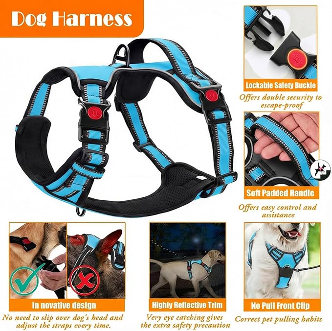 LOBEVE No Pull Dog Harness, Collar & Leash Set | Includes Dog Seat Belt, Collapsible Bowls & Poop Bag Dispenser. Ideal for Training, Walking, Hiking. Fits Small to Large Dogs(Blue-XL)