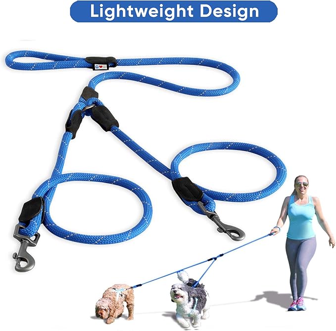 Pawtitas Double Leash for Two Dogs Great for Walking & Training Comfortable Shock Absorbing Reflective Pet Rope Leash for 2 Dogs 6ft - Medium/Large - Blue