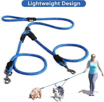 Pawtitas Double Leash for Two Dogs Great for Walking & Training Comfortable Shock Absorbing Reflective Pet Rope Leash for 2 Dogs 6ft - Medium/Large - Blue