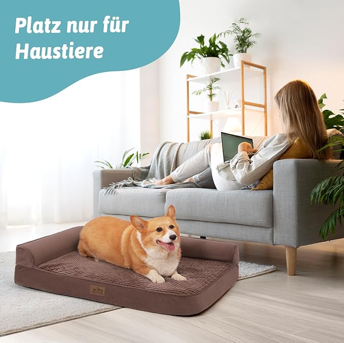 COZY KISS Orthopedic Dog Bed for Extra Large, XXL Dogs Bed, L Shaped Foam Anti-Slip Bottom Giant Pet Cat Sofa with Washable Cover, Suitable for Pet Up to 150 lbs, 48x32x7.5 inch, Brown