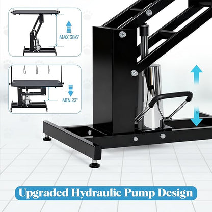 Garvee 43.3" Hydraulic Dog Grooming Table for Pet, Heavy Duty Structural Hydraulic Max Load 350Lbs Professional Pet Grooming Table with Adjustable Overhead Arm & Noose Height Range 22''-39'' (Black)