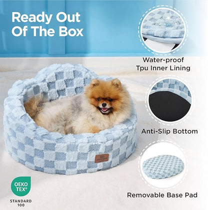 Joydeco Cloud Dog Bed for Small Dogs & Cats, Washable Pet Bed with Orthopedic Foam and Removable Checkered Plush Pad, Non-Slip Bottom for Indoor Puppies and Kittens, 27x24 Inch, Light Blue