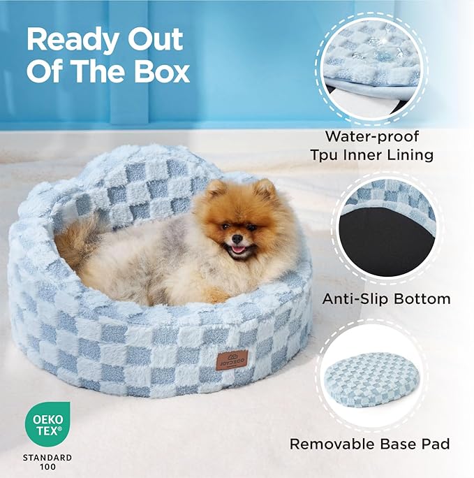 Joydeco Cloud Dog Bed for Small Dogs & Cats, Washable Pet Bed with Orthopedic Foam and Removable Checkered Plush Pad, Non-Slip Bottom for Indoor Puppies and Kittens, 22x20 Inch, Light Blue