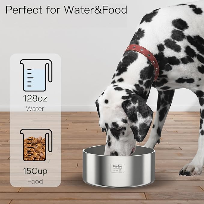 Feedoo 1Gallon Double Layer 304 Stainless Steel Dog Bowl - Insulated & Durable | Non-Slip Base | Easy to Clean | BPA-Free Safe Dog Water Bowl[128oz for Large Giant Breeds]