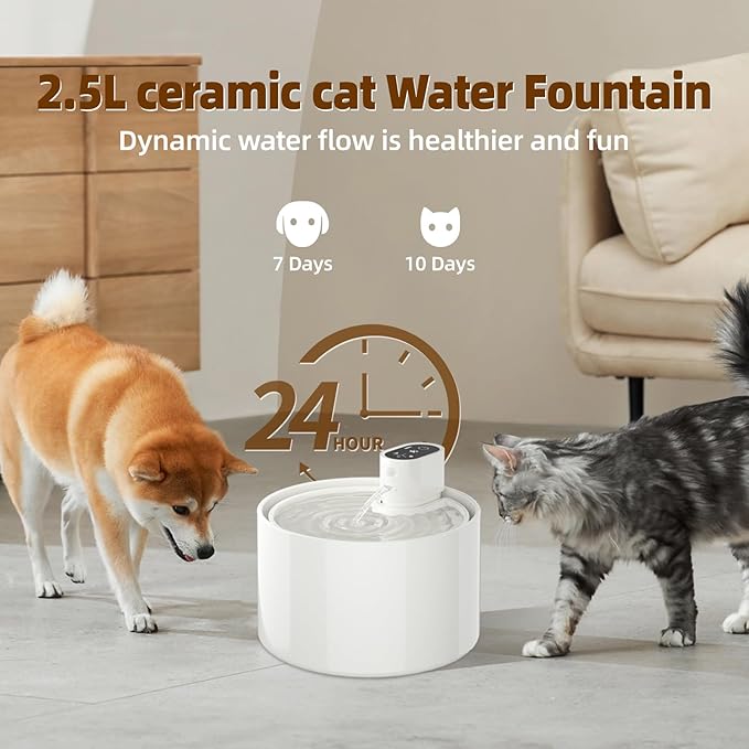 Ceramic Cat Water Fountain,Cat Water Fountain Cordless Battery Operated 78oz/2.3L with Motion Sensor, Ultra Quiet Pump BPA-Free for Cats, Dogs, Multiple Pets