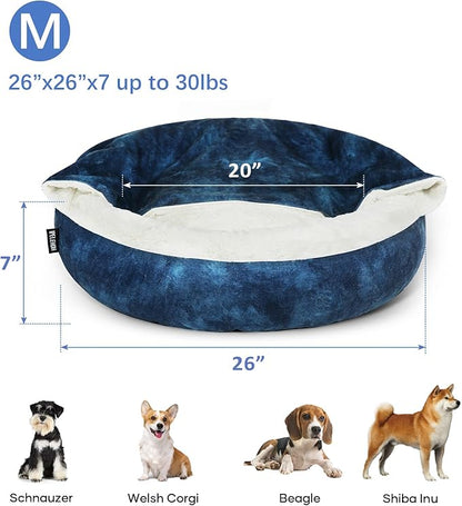 Cozy Soft Dog Bed with Hooded Blanket Warm Calming Cat Cave for Small Medium Dogs and Cats, Non-Slip Bottom & Machine Washable Pet Beds, Navy Blue 26x26x7″