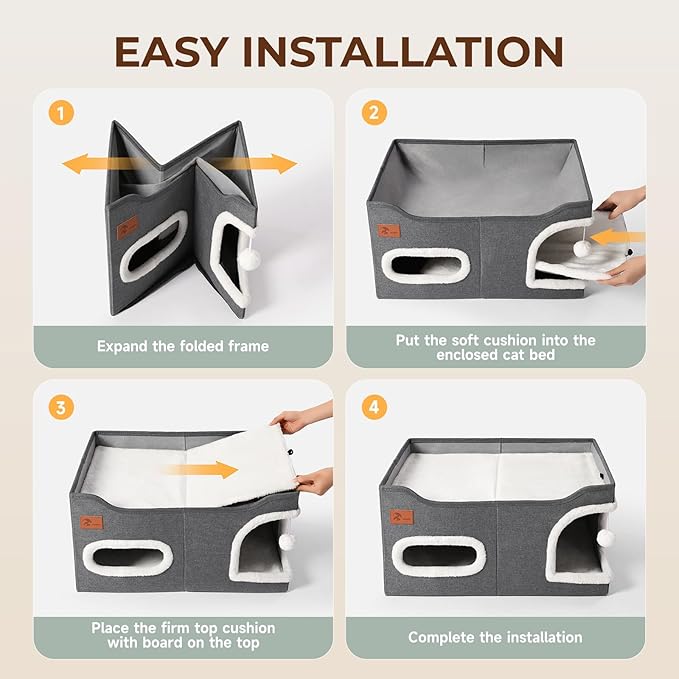 Petizer Cat House for Indoor Cats - Foldable Large Cat Bed Cave with Fluffy Ball and Scratch Pad, Cat Hideaway for Cats, Dark Grey, 23.8 x16.34 x12.8inch (Can Add Pet Heating Pad)