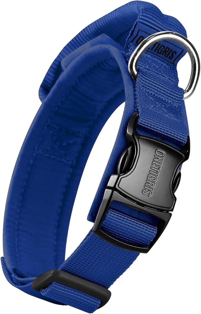 OneTigris Tough Dog Collars, Tactical Dog Collar with Handle, Milltary Adjustable Dog Collar with Heavy Duty Metal Buckle for Training (Blue, S)