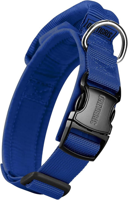 OneTigris Tough Dog Collars, Tactical Dog Collar with Handle, Milltary Adjustable Dog Collar with Heavy Duty Metal Buckle for Training (Blue, S)