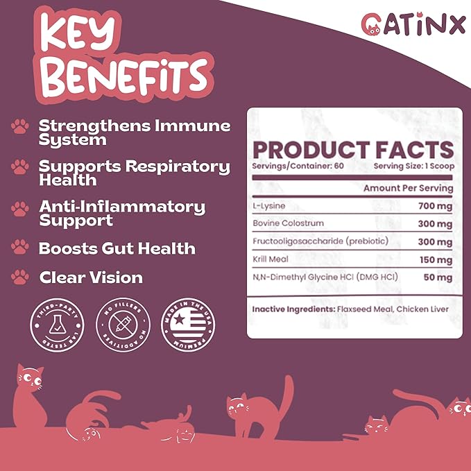 Catinx Immunity Shield L-Lysine Powder – Daily Wellness Support for Cats with L-Lysine, Bovine Colostrum, Omega-3s, and Probiotics | Supports Immune Function, Eye Health, Digestion & Coat Quality