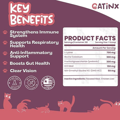 Catinx Immunity Shield L-Lysine Powder – Daily Wellness Support for Cats with L-Lysine, Bovine Colostrum, Omega-3s, and Probiotics | Supports Immune Function, Eye Health, Digestion & Coat Quality