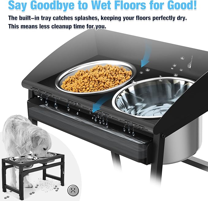 Elevated Dog Bowls for Large Dog, 15“ Tall Raised Food and Water Bowl Set with Stand, Full Metal Spill Proof Design and Stainless Bowls for Indoor & Outdoor Use
