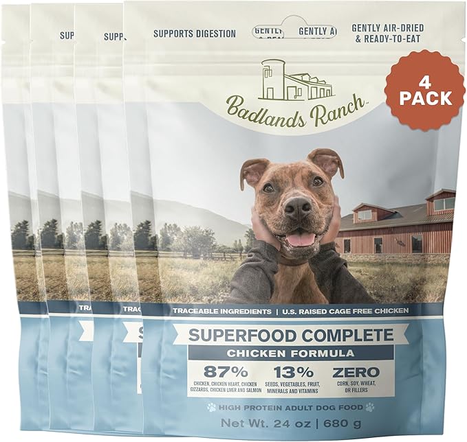 BADLANDS RANCH by Katherine Heigl – Superfood Complete Air-Dried Chicken Dog Food – High Protein with Superfoods for Daily Wellness & Consistent Nutrition – 24 oz (Pack of 4)