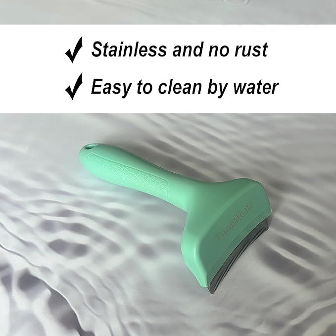 FurorMeow Pet Deshedding Tool with Curve Blade, Cat Grooming Brush, Tight V-shaped Teeth Shedding Comb for Cats and Dogs (Green, Small)