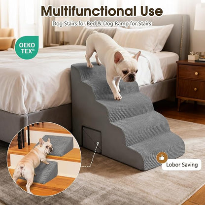 MALOROY Dog Stairs for High Beds 20-24 inches Tall, 5-Step Dog Steps for Bed for Small Dogs, Doggie Ramp for Bed, 30D Foam Pet Stairs for Old Dogs/Cats for Bedsides Climbing, Free-Installation, Grey
