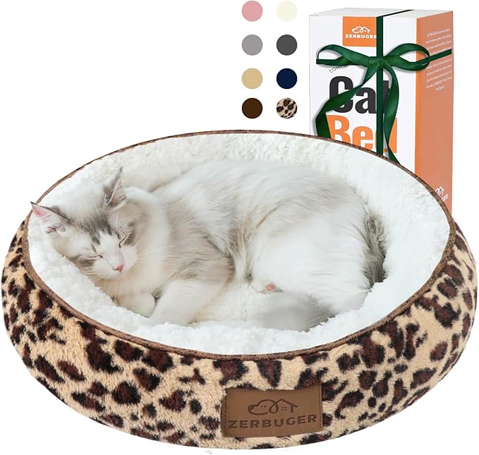 Zerbuger 20in Leopard Round Cat Dog Bed Gift for Large Medium Small Dogs Cats, Machine Washable Sleeping Sofa, Non-Slip Bottom Breathable Soft Calming Pet Cuddler for Indoor/Outdoor/Car/Cage