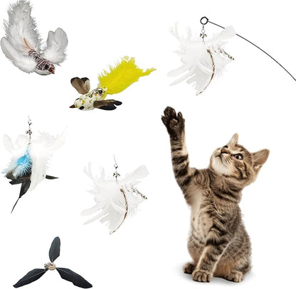 CUTIE PAW PAL Variety Play Set, 5 Pack Refills for Wand and Fishing Poles, Spring Wires, Door/Wall Hang Ropes. 2 Bird, 2 Feather & Windmill Cat Toys - Bells & Easy Clip-On