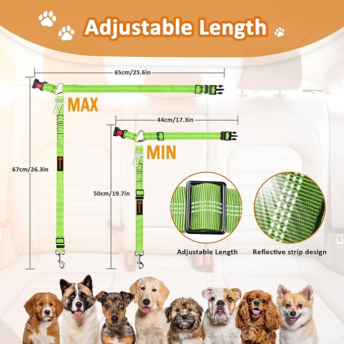 Removable Dog Seat Belt Harness for Car, 3 in 1 Pet Dog Car Seatbelt Leash, Retractable Restraint Secures to Vehicle Headrest & Adjustable Reflective Bungee Dog Seatbelt Tether, Green and Black